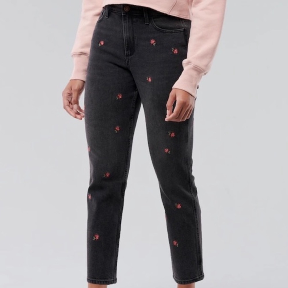 Hollister High Rise Floral Embroidered Mom Jeans